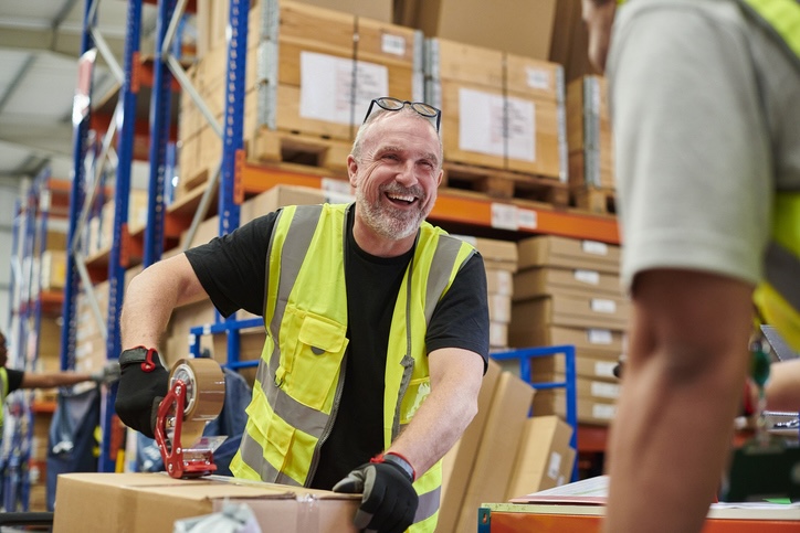 Man in yellow safety vest taping up a box