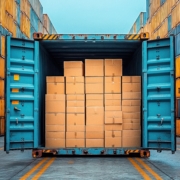 Blue shipping container loaded with boxes