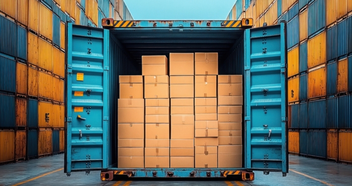 Blue shipping container loaded with boxes