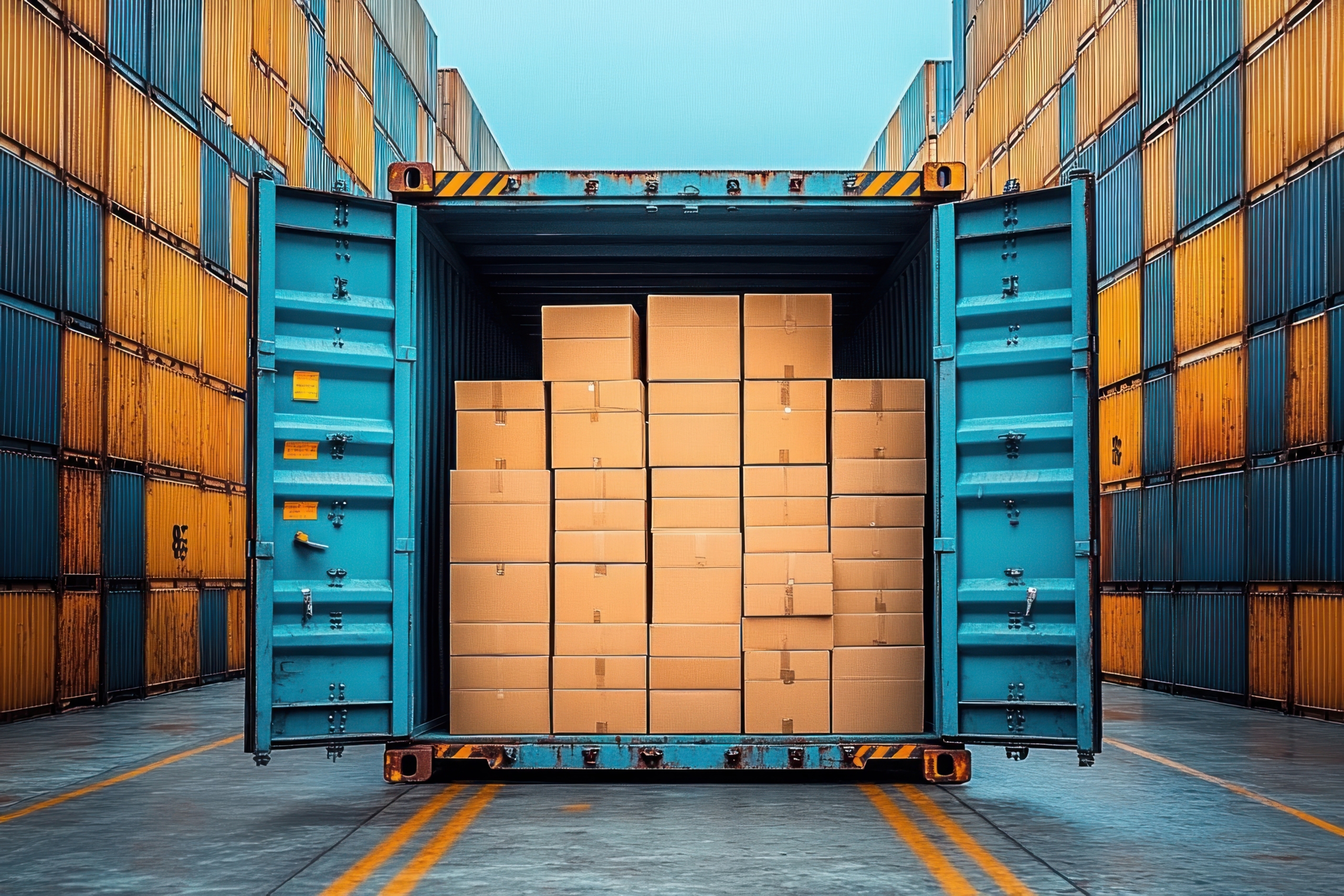 Blue shipping container loaded with boxes